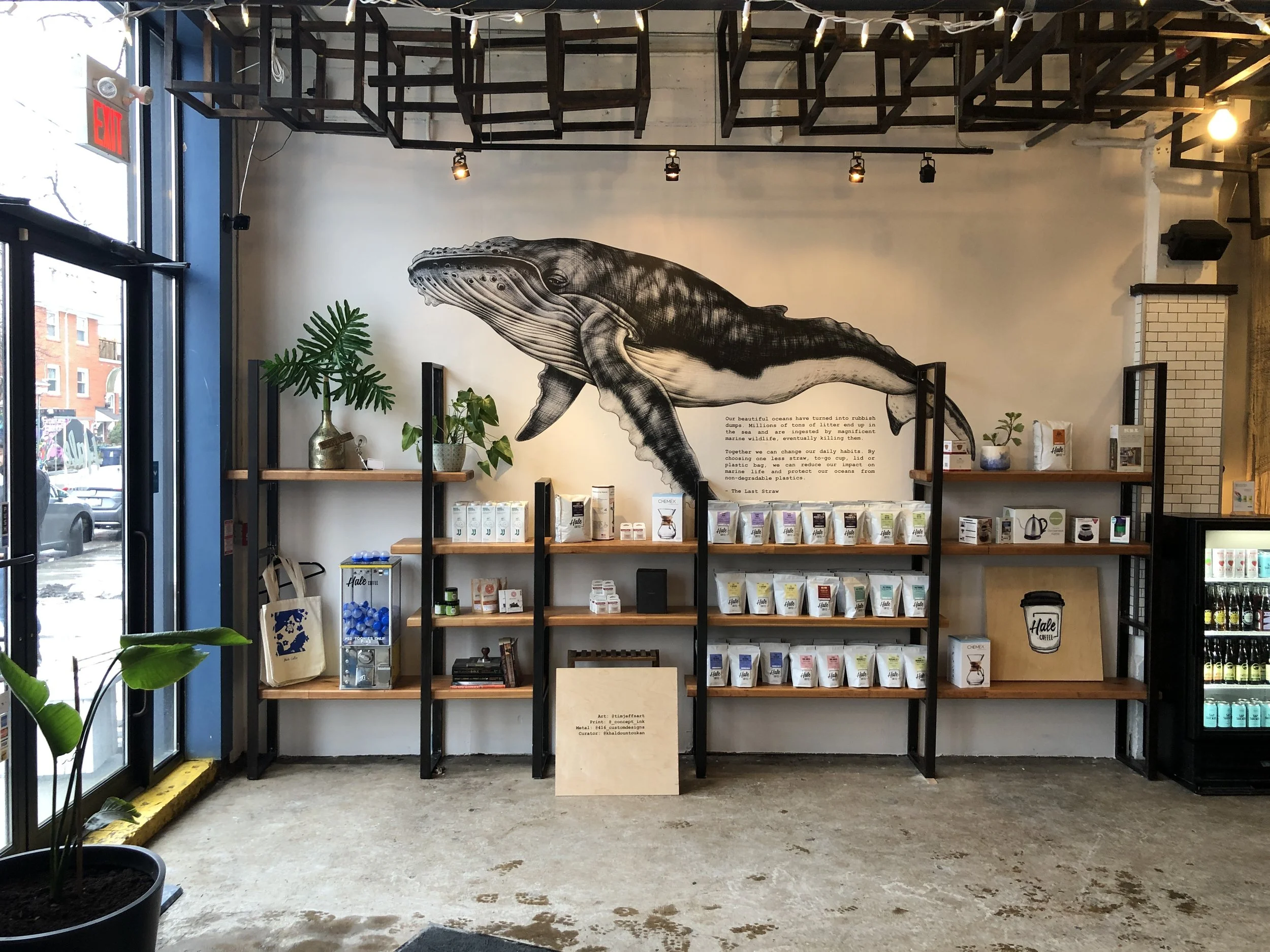Whale mural above shelves in a coffee shop